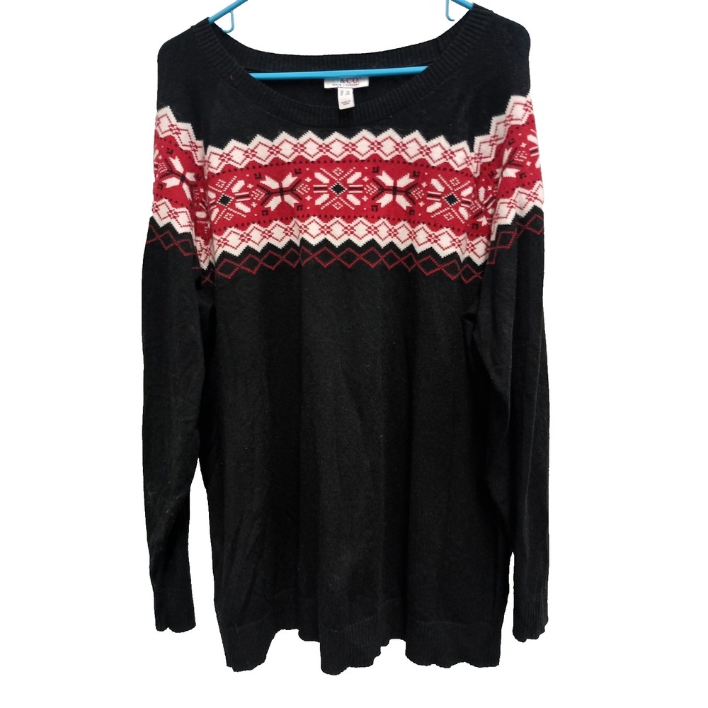 D&Co Womens Sweater Size 1X Red Black Fair Isle Long Sleeve Pullover Lightweight